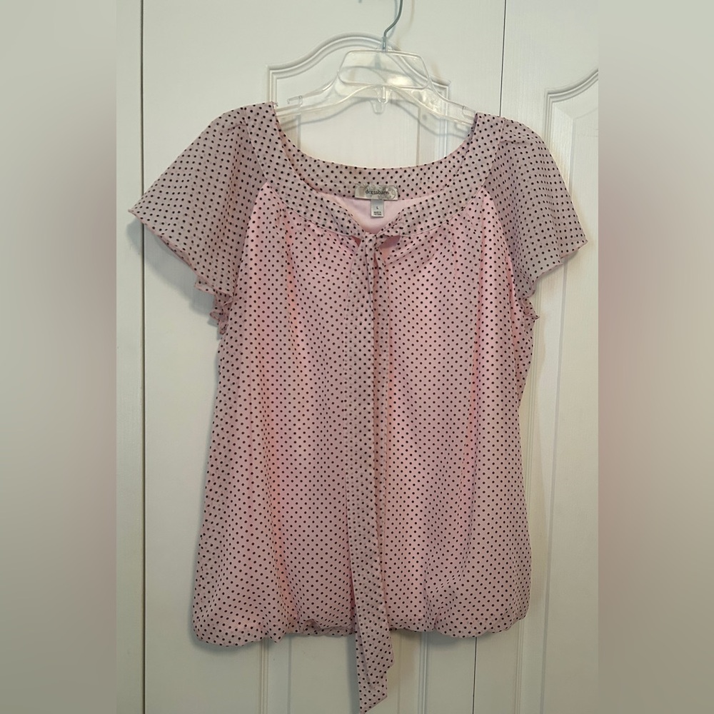 Dressbarn: Pink/black polka dot blouse, size L